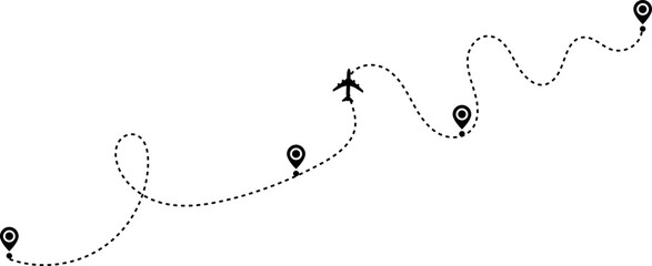 map marker pointer sign. Airplane line path travel icon. Aircraft tracking, planes travel dot line