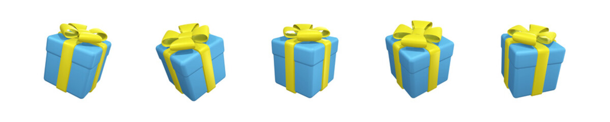 Set of blue gift boxes with yellow ribbon and bow. Isolated on a transparent background. 3d render