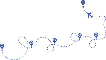 Airplane path in a dotted line shape. pin map marker pointer sign. Airplane line path travel icon. Aircraft tracking, planes travel dot line