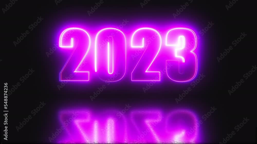 Poster 2023 neon text with reflection. computer generated 3d render