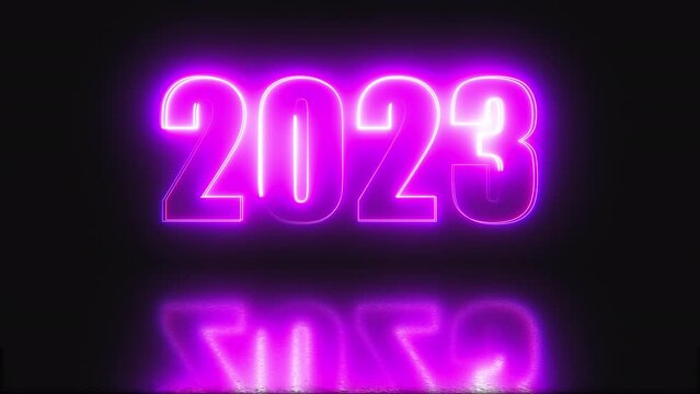 2023 neon text with reflection. Computer generated 3d render