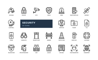 security protection guard safety detailed outline icon set with padlock, key, cctv, alarm, more. simple vector illustration