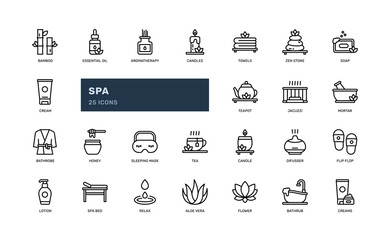 spa natural massage beauty woman therapy treatment relax detailed outline icon set. simple vector illustration
