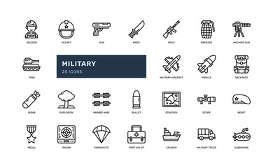 war military soldier army force technology detailed outline icon set with tank, cruiser, aircraft, rifle. simple vector illustration
