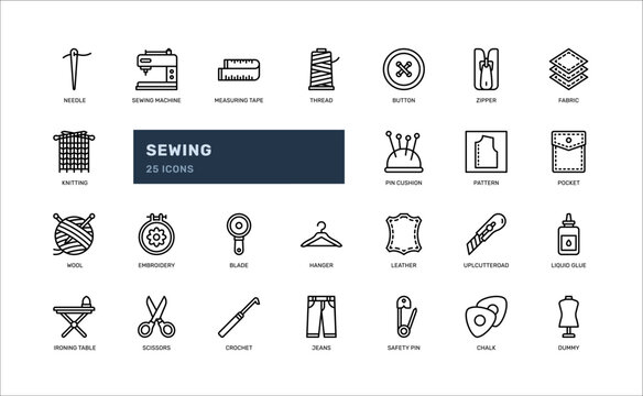 sewing taylor dressmaking clothing fabric textile detailed outline icon set. simple vector illustration