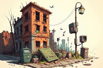 Ghetto Buildings, Litter Bin, Broken Car, Bar Signboard, Street Lamp, Carton Boxes, Ventilation And Satellite Antenna, Abandoned Ruined Old Houses. Dilapidated Dirty Street Isolated Cartoon 2D - obrazy, fototapety, plakaty