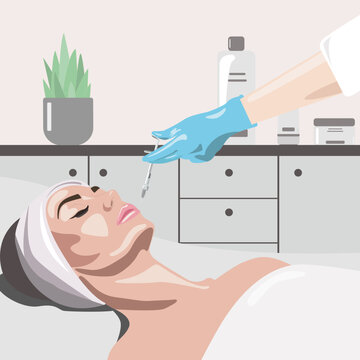 Vector illustration. Cosmetologist makes anti-wrinkle injections on the face of a beautiful woman. Women's aesthetic cosmetology in a beauty salon.