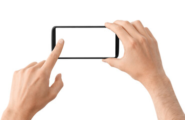 Presses a finger on the green screen of the phone, white background.