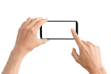 Presses a finger on the transparent screen of the smart phone.