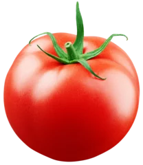 Fotobehang Red tomato with green leaf isolated on white or transparent background with clipping path. Full Depth of Field © Roman Samokhin