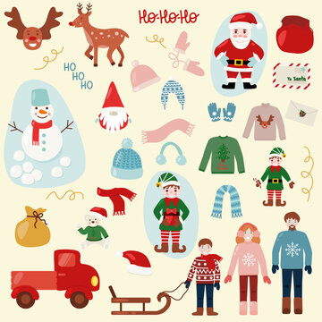 Set of Christmas characters, warm clothes and cozy elements, vector