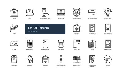 smart home electronic device internet for modern living house technology detailed outline icon set. simple vector illustration