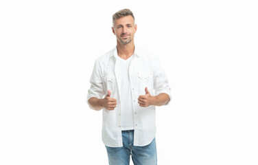 unshaven guy in white shirt showing thumb up . unshaven guy style. studio shot