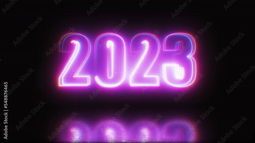 Poster 2023 neon text with reflection. computer generated 3d render
