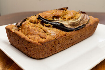 Freshly Made Banana Bread with the Peeled Skin on Top
