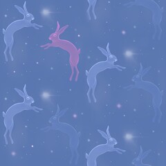 Obraz na płótnie Canvas Seamless patterns with a starry sky, flying animals. Funny rabbit, among the cosmos, planets, comets, constellations. Abstract space print. Autumn Festival or Chinese New Year 2023, year of the Rabbit