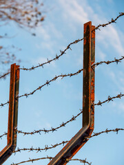 Sharp barber wire on a metal fence. Blue cloudy sky in the background. Nobody. Security and asset protection. Defense perimeter.