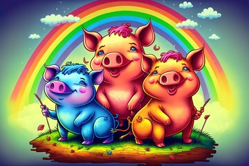 Cartoon Three Little Pigs With Rainbow Background