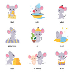 Little Mouse Demonstrating English Verbs for Educational Activity Vector Set