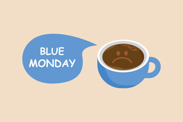 illustration of a pensive person while enjoying coffee to get through the blue day. colorful illustration. simple design.