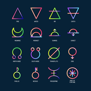 ASTROLOGY ELEMENTS zodiac horoscope thin line label linear design esoteric stylized elements symbols signs. Vector illustration icons