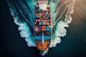 Aerial View Of Container Cargo Ship In Sea. - obrazy, fototapety, plakaty