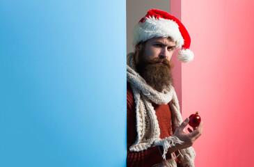 Bearded santa man, christmas card, new year banner with copy space. Funny santa isolated over studio background.