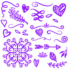 Obraz premium Purple Swirls Swoosh Marks with Vector Hand Drawn Highlighter Accent Line Designs