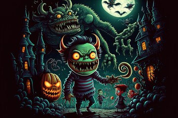 Halloween Cartoon Style With Scary Monsters