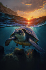 Obraz premium Beautiful turtle swimming in a shallow sea near the coastline at sunset