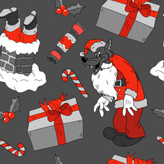 Christmas seamless pattern with Santa and gifts in retro cartoon style. Perfect for wallpaper, wrapping paper, pattern fills, winter greetings, web page background