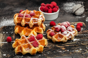 belgian waffles with fresh fruit on a light background. top view