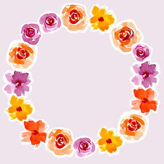 Round wreath of rosebuds in the form of stickers. Watercolor wreath of pastel roses. Hand-drawn floral botanical wreath for invitation, design