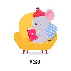 Little Mouse Sitting on Armchair and Reading Book Demonstrating English Verb for Educational Activity Vector Illustration