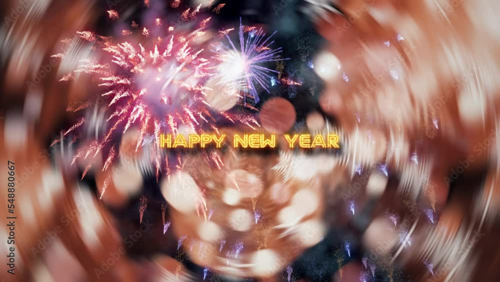Poster happy new year golden light effect text with many exploding colorful fireworks and radial blurred ch
