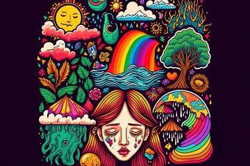 Naive Psychedelic Stickers Colorful Illustration
