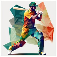 Cricket player batsman in action hitting cricket ball, isolated low polygonal illustration - obrazy, fototapety, plakaty