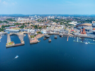 Fototapeta na wymiar An drone's eye view of Cardiff, Wales, with the bay area in the foreground