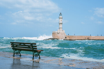 Chania with it's old harbor in stormy weather. Crete, Greece.