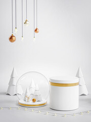 Podium Stage Show Product Christmas Tree Ball Ornament Gift Box Inside Glass Snowball White Golden 3D Render © natanaelginting