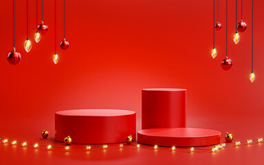 Three Podium Stage Show Product Christmas Ball Ornament Lights Hanging Red 3D Render