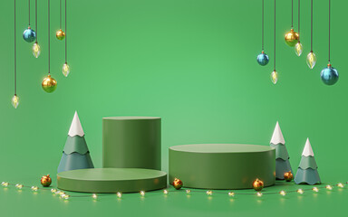Three Podium Stage Show Product Christmas Tree Ball Ornament Lights Hanging Green 3D Render