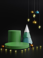 Two Podium Stage Show Product Christmas Tree Ball Ornament Lights Hanging Green Dark Background 3D Render © natanaelginting
