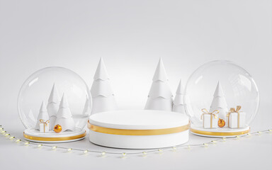 Podium Stage Show Product Christmas Tree Ball Ornament Gift Box Inside Glass Snowball White Golden 3D Render © natanaelginting