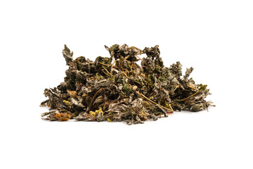 Dry tea leaves and dry fruit isolated on white background.