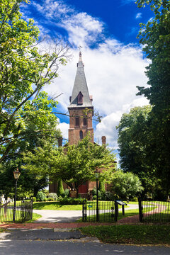 Zion Episcopal Church in Charles Town, West Virginia, The dome of the church rests on the blue sky.