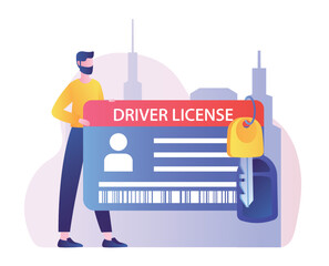 Driver license concept. Man with large document and keys to car, vehicle. Novice driver has completed his training. Advertising poster or banner for website. Cartoon flat vector illustration