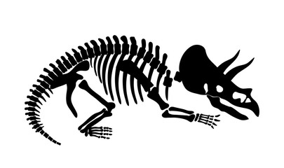 Dinosaur skeleton black. Graphic element for printing on fabric. Animal in minimalist style. Paleontology and archeology. Treasures and fossils, bones for museum. Cartoon flat vector illustration