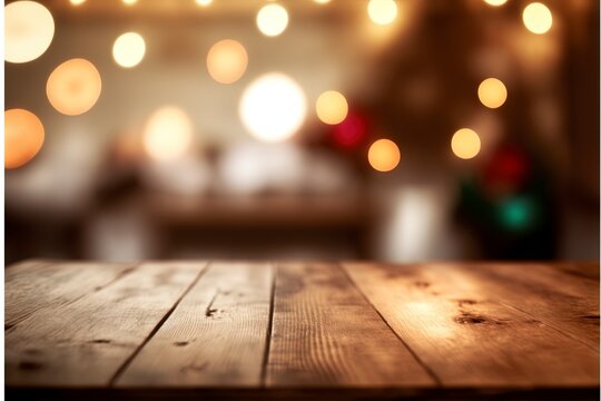 Christmas table blurred lights background, wood desk in focus, xmas wooden plank