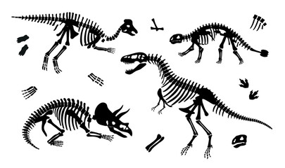 Fototapeta na wymiar Dinosaurs skeletons black set. Archeology and paleontology, animals BC. Collection of silhouettes, graphic elements for website. Cartoon flat vector illustrations isolated on white background